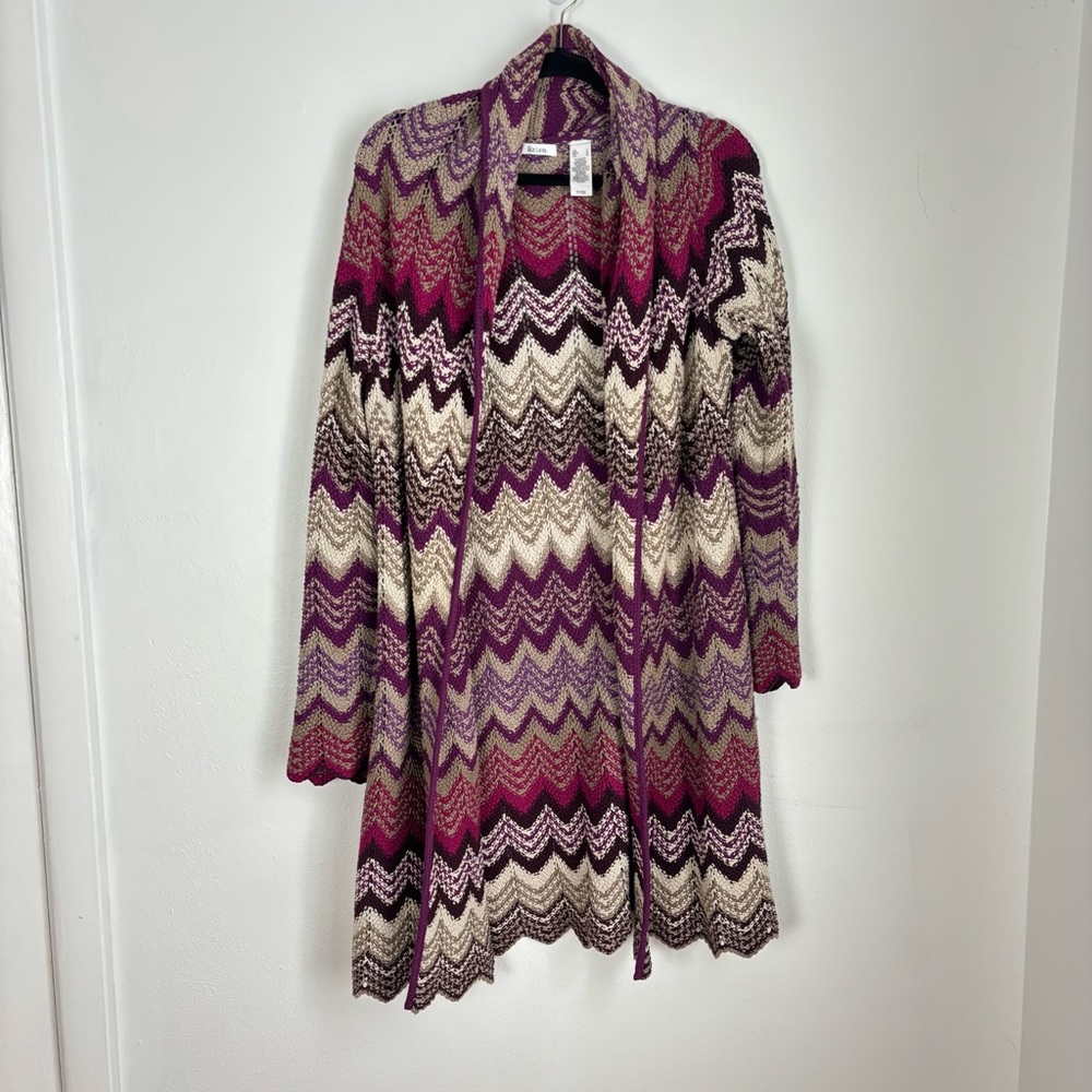 Liz & Co Womens L Purple‎ Loose Knit Cardigan Belted Long Duster Y2K Boho Aztec